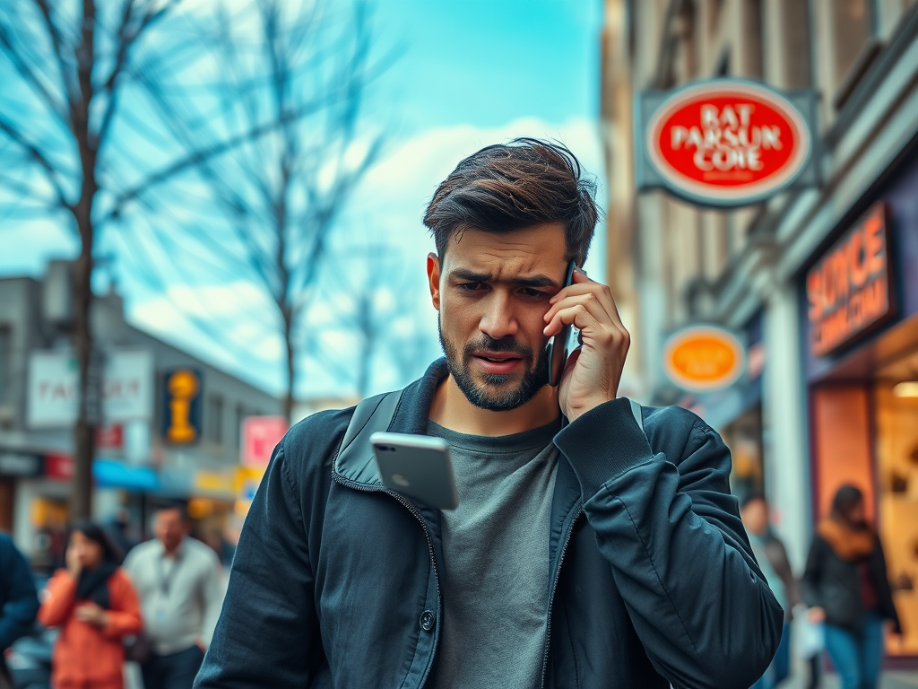 A focused man talks on his phone while walking in a busy urban street, with shops and trees in the background.