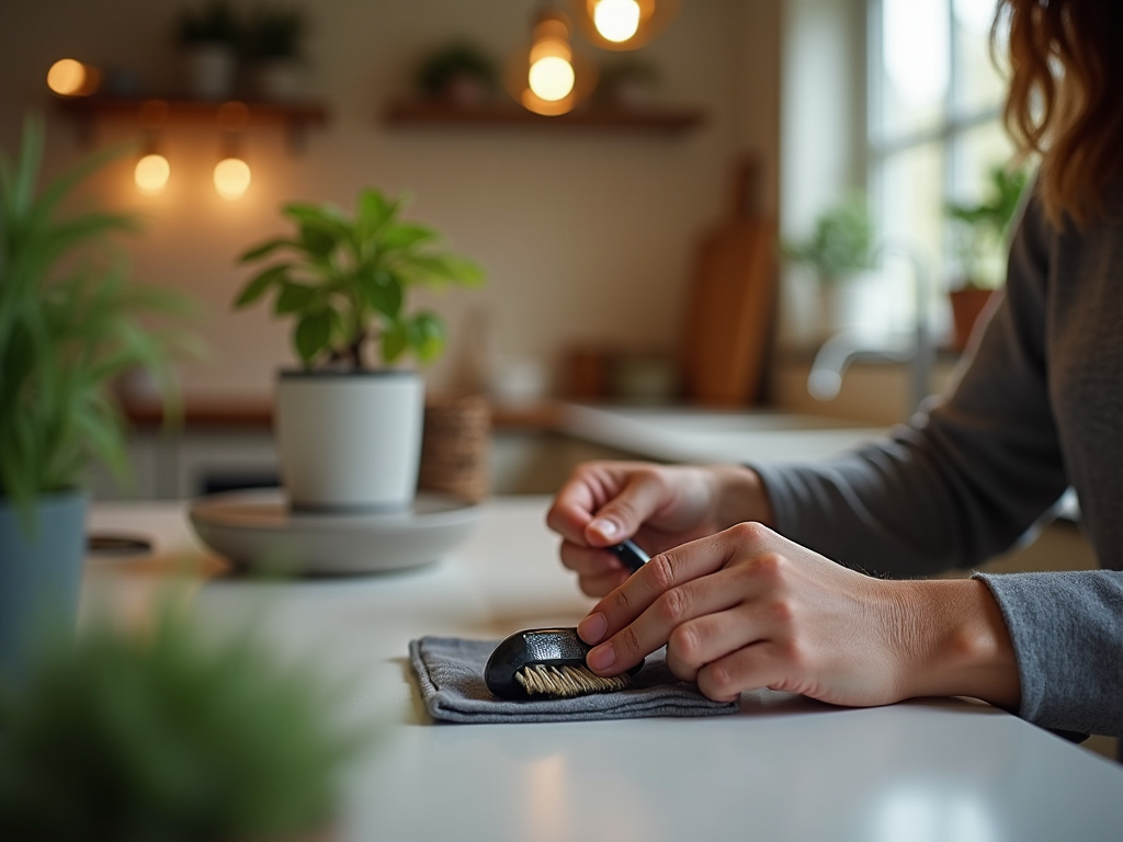 Person cleaning a camera lens at a cozy home table with potted plants.