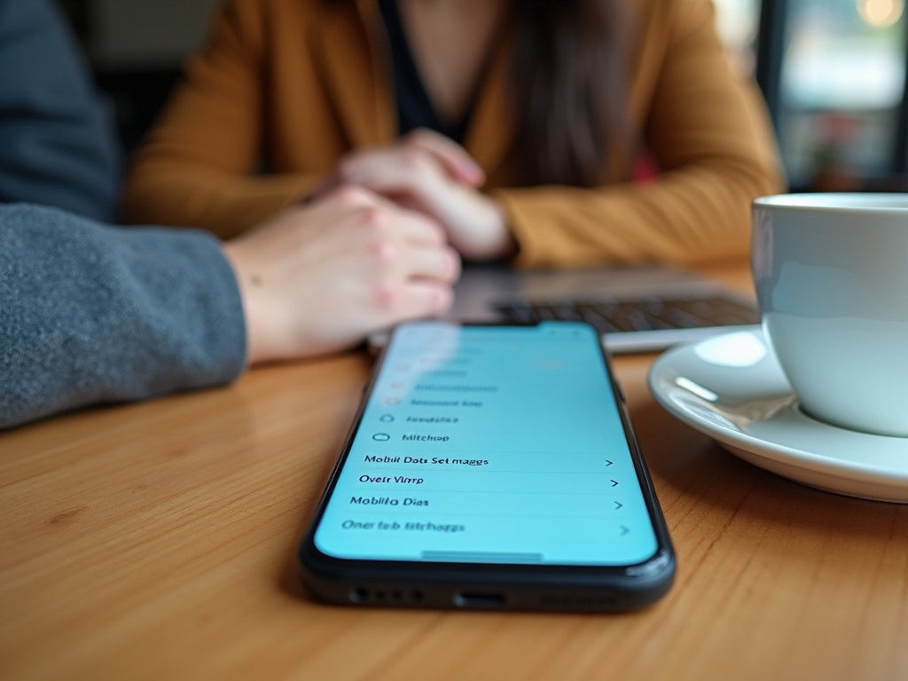 Smartphone displaying data settings on a table between two people in a meeting with coffee.