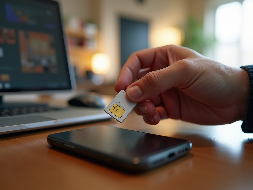 Hand holding a SIM card with a laptop and smartphone in the background.