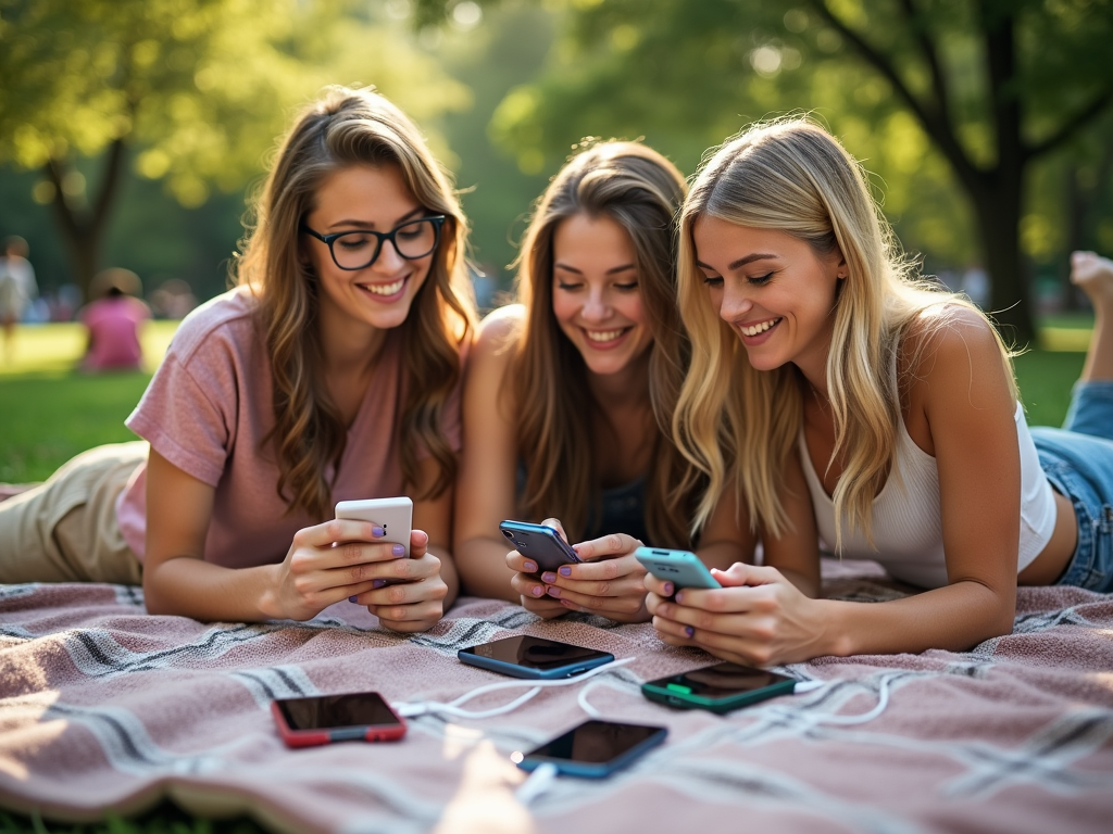 Three women smiling and using smartphones while sitting on a blanket in a sunny park.