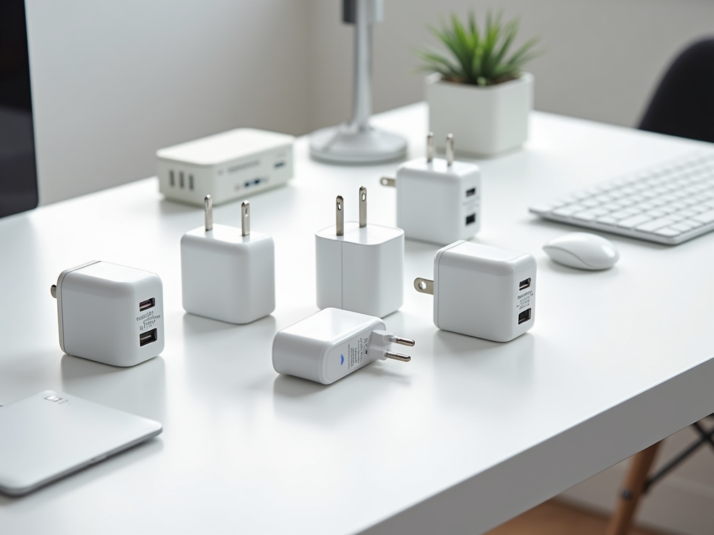 Various USB chargers on a white desk with a computer monitor, keyboard, and mouse in the background.