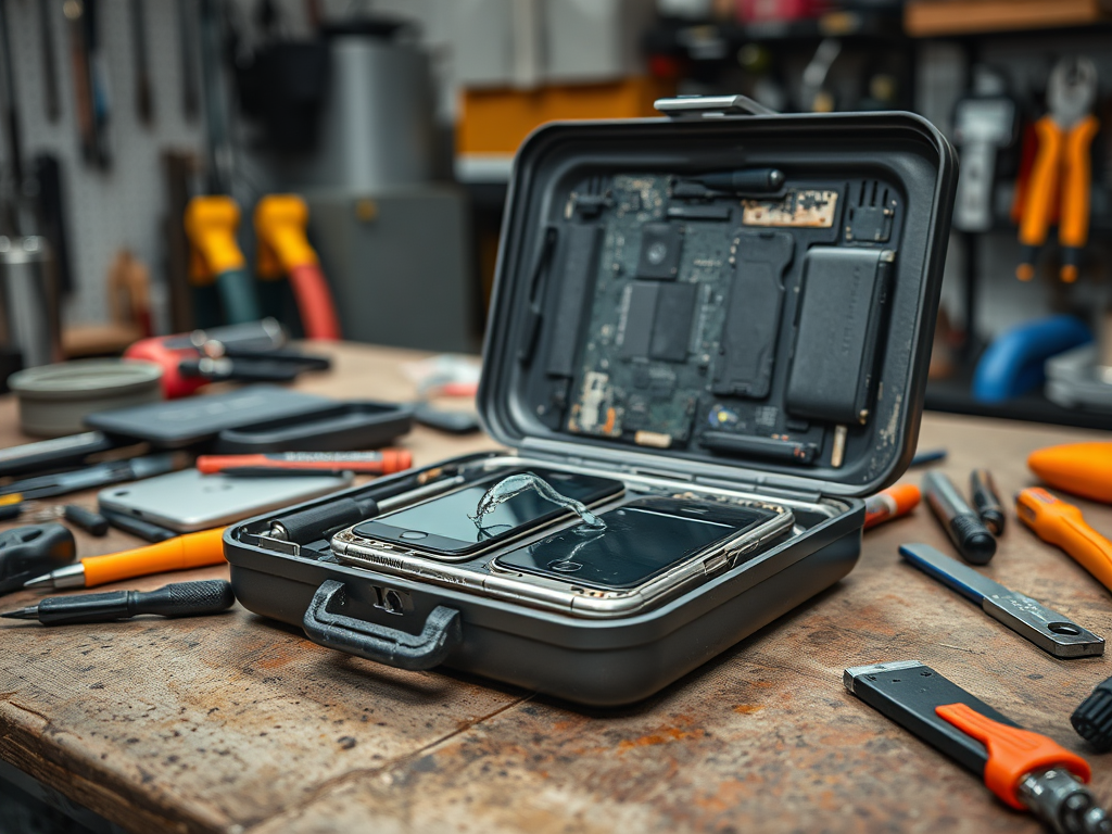 A metal case with opened electronics, including smartphones, sits on a workbench surrounded by tools and devices.