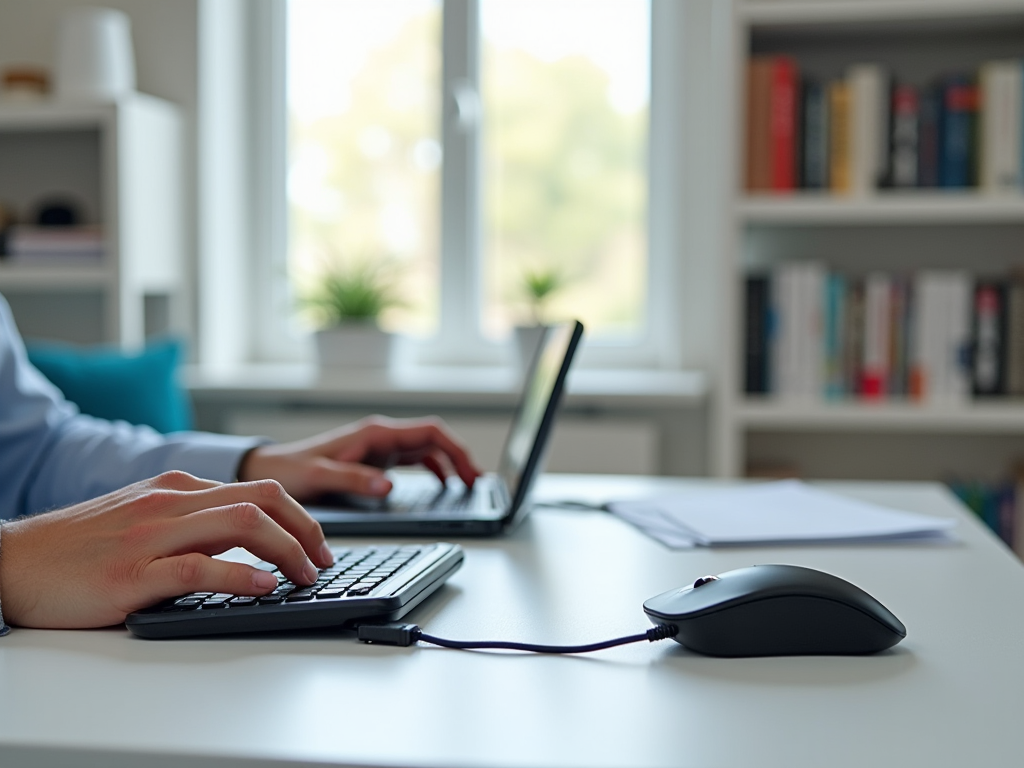 Person typing on a laptop in a bright home office setting with a bookshelf in the background.