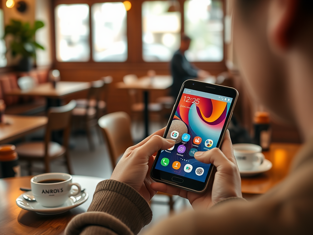 A person holds a smartphone displaying an app interface while sitting in a cozy café with a cup of coffee nearby.