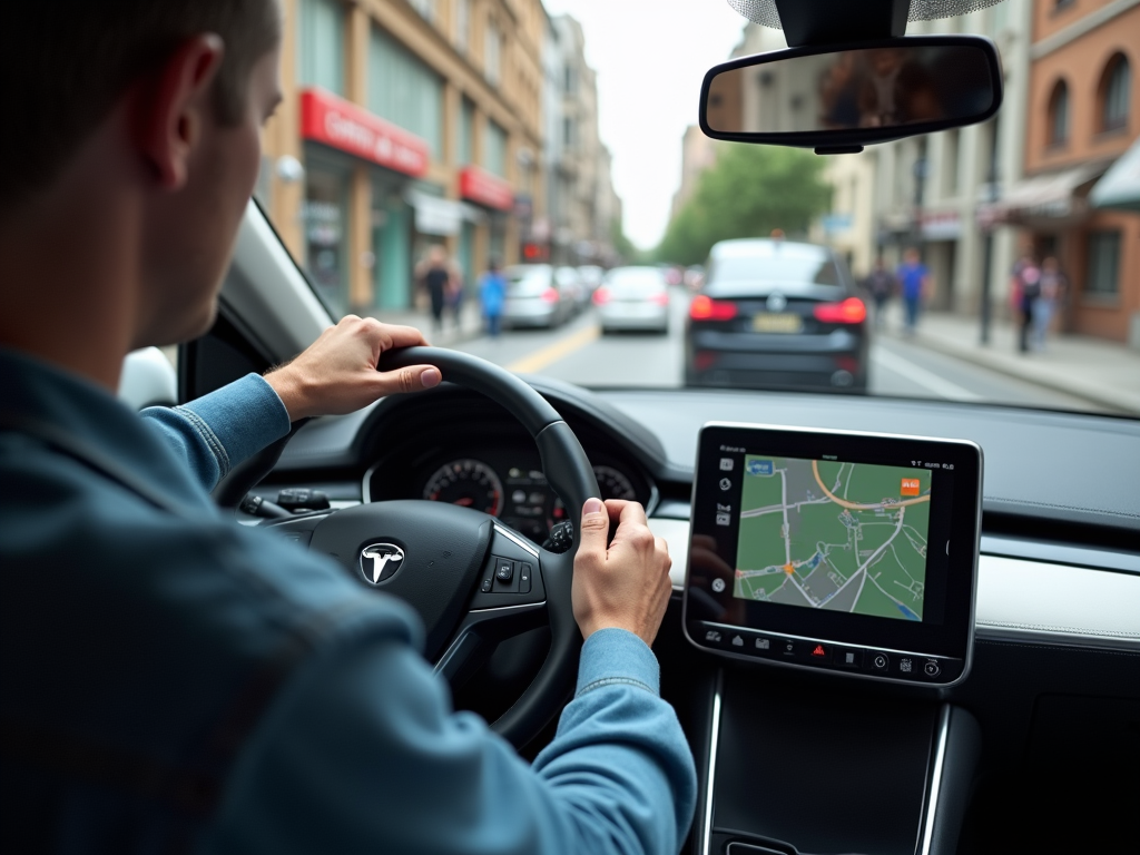 Man driving a car, using a Tesla touchscreen navigation system on a busy city street.