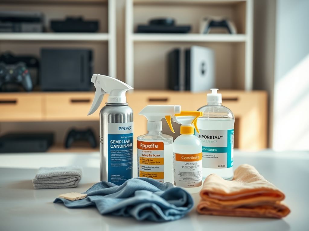 A collection of cleaning products, spray bottles, and cloths arranged on a table, with gaming consoles in the background.
