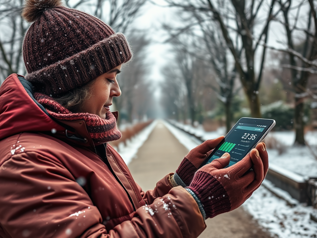 A woman in a winter jacket and beanie checks her tablet while snow falls in a quiet, tree-lined park.