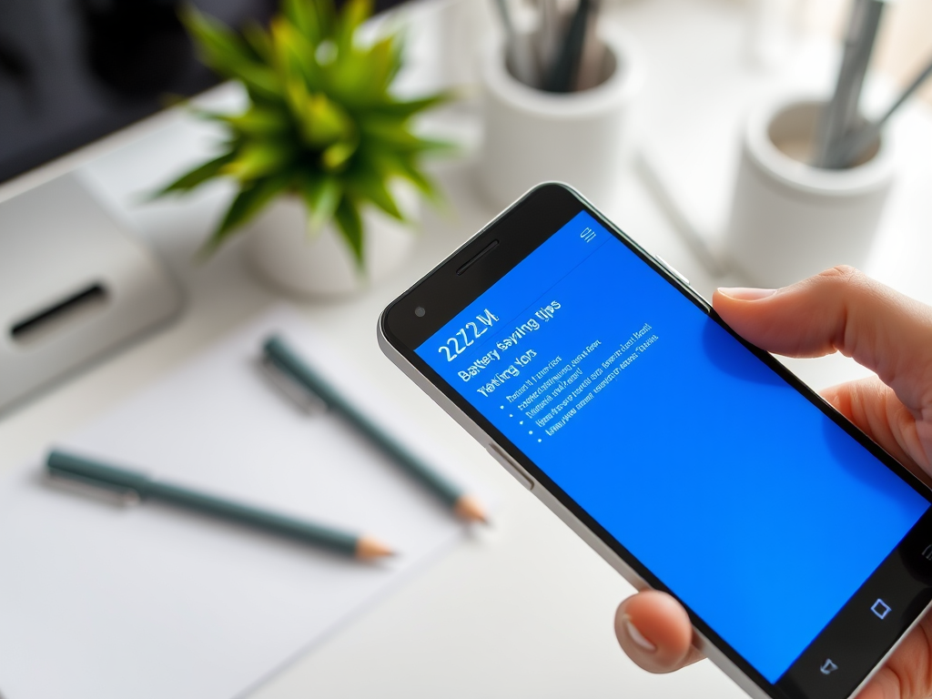 A person holds a smartphone displaying battery-saving tips on a blue background, with a desk and plant in the background.