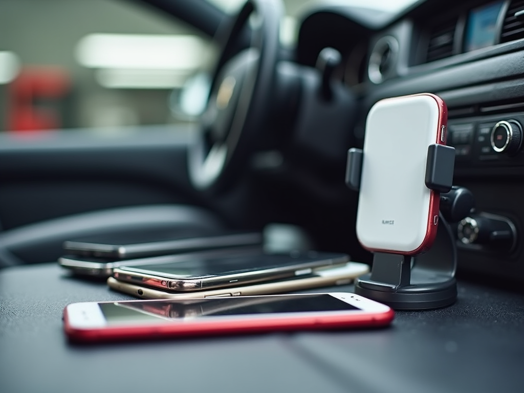 Smartphone mounted on a car dashboard holder next to three other phones, in a vehicle interior.