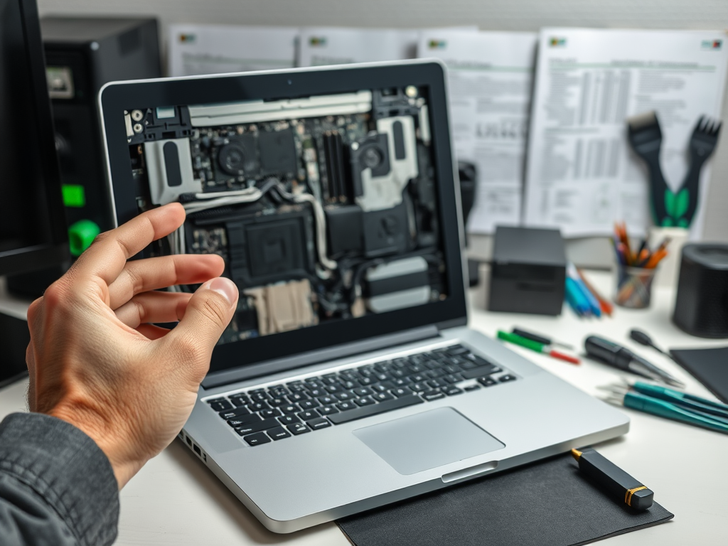 A hand gestures towards a laptop displaying an internal view of its components, with stationery scattered around.