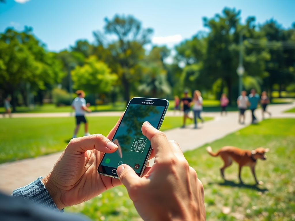 A person using a smartphone outdoors in a park, with people and a dog walking in the background.