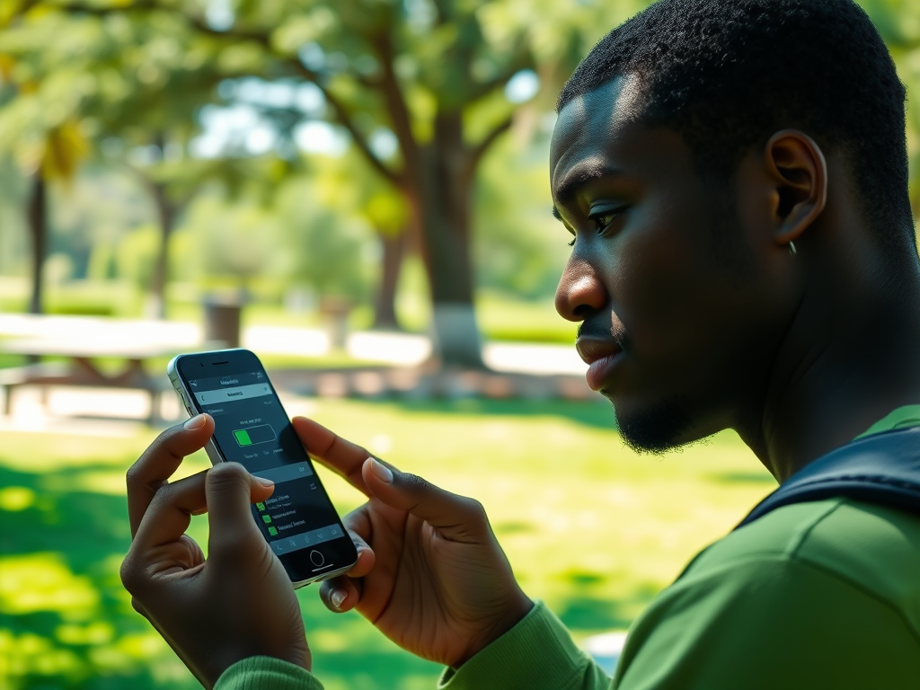 A young man focuses on his smartphone while standing in a sunny park, surrounded by trees and greenery.