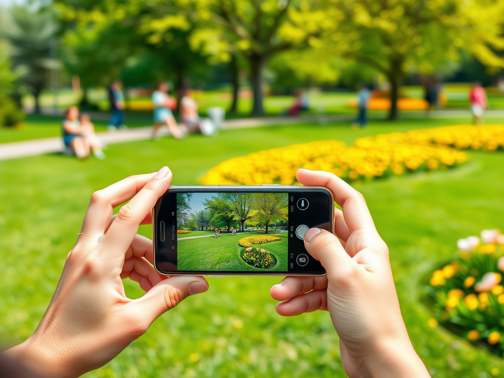 A hand holds a smartphone capturing a vibrant park scene with flowers and people enjoying the outdoors.