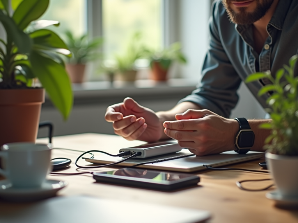 Man with beard using smartphone at plant-filled desk, smartwatch visible.