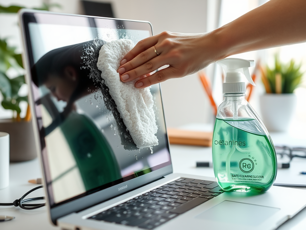 A person wipes a laptop screen with a cloth while a green cleaning spray bottle sits nearby.