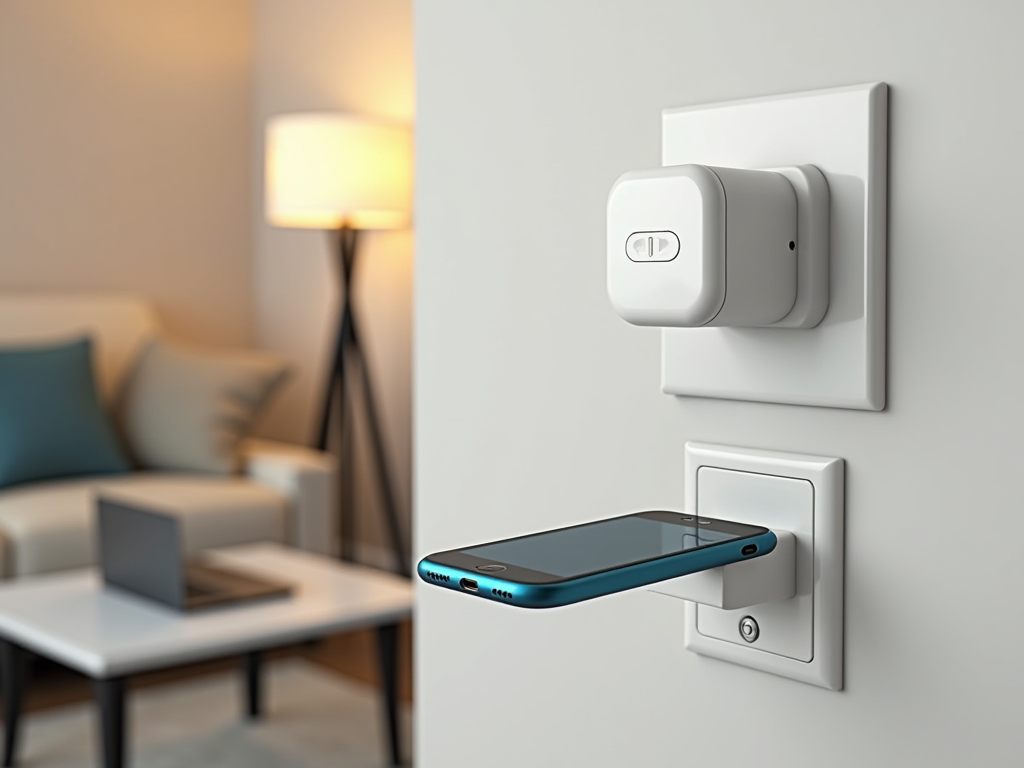 Smartphone charging wirelessly on a wall-mounted pad with a stylish lamp and sofa in the background.