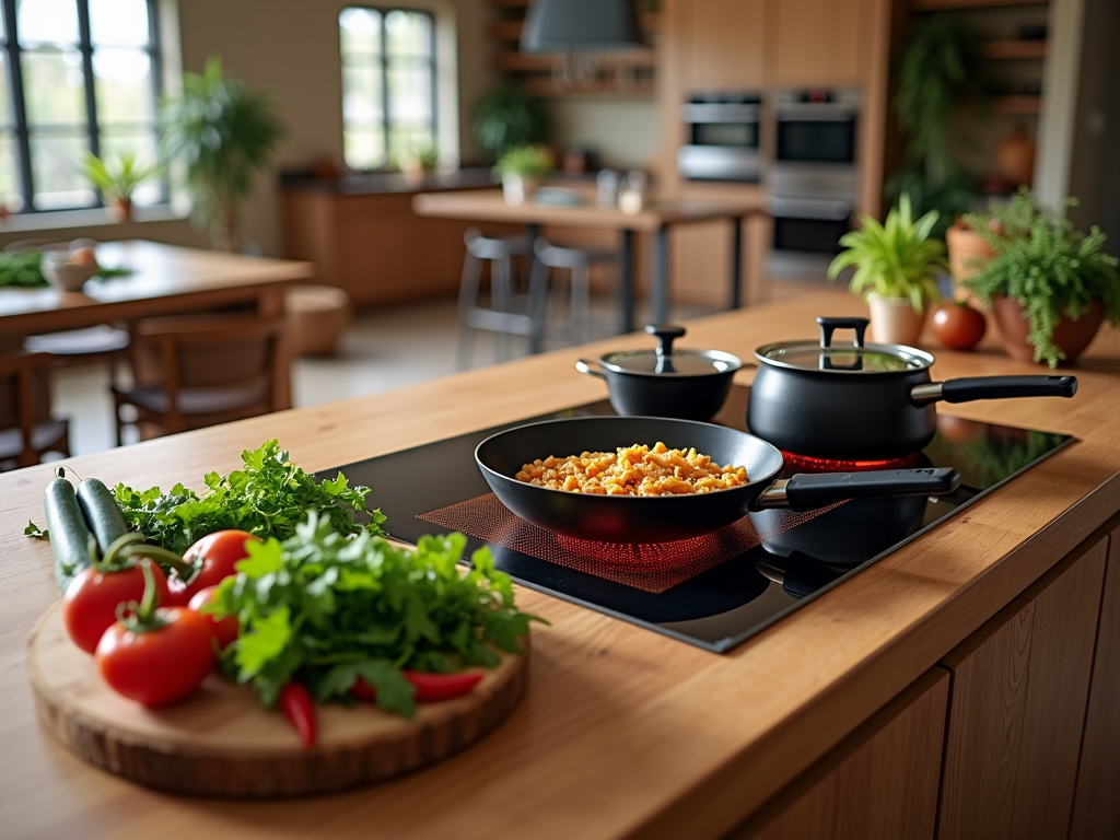 Modern kitchen with fresh vegetables on the counter and food cooking in pans on a stove.