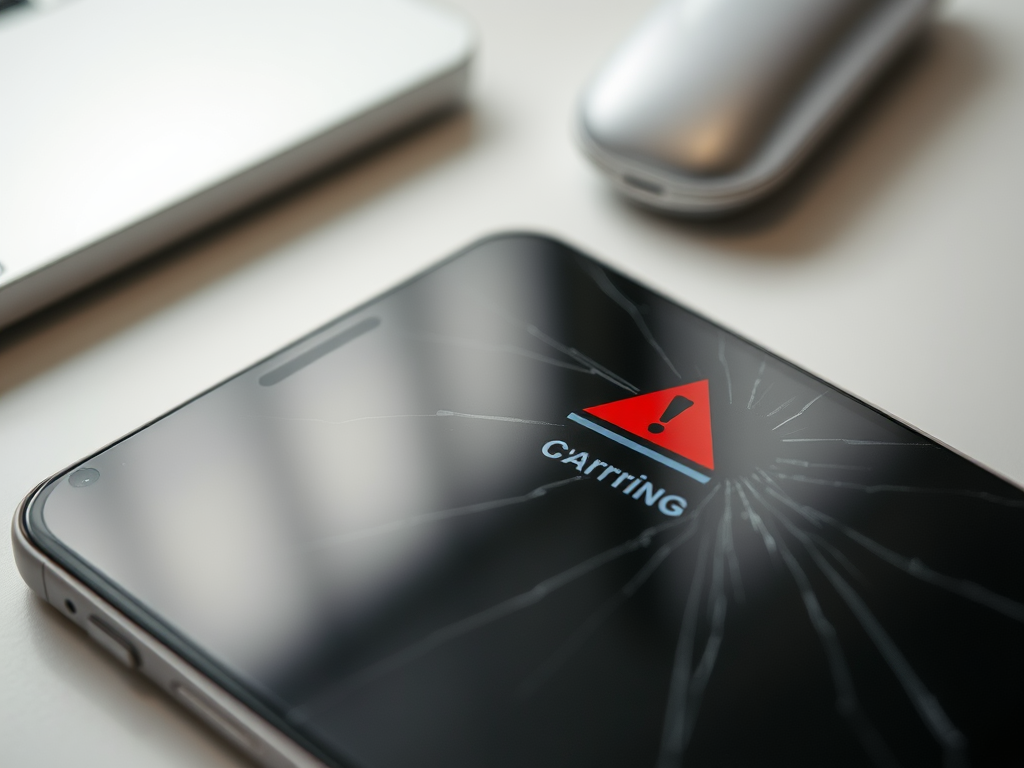 A smartphone screen with a cracked display showing a red warning triangle and the text "CARRiNG."
