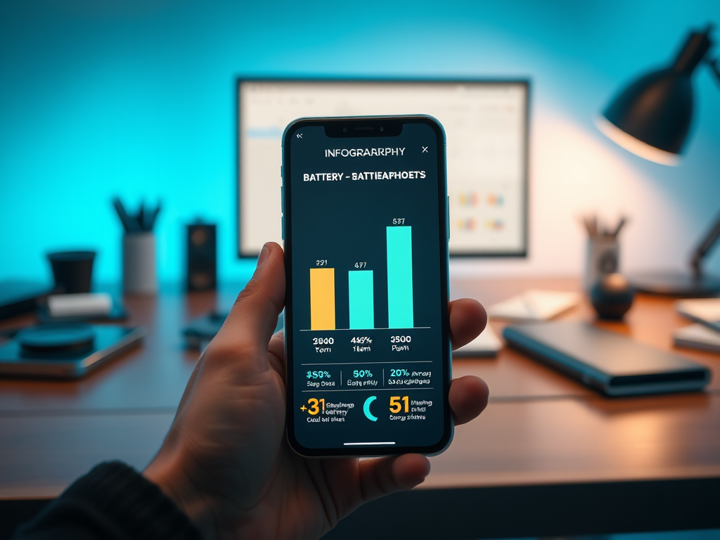 A hand holding a phone displaying a bar graph related to battery performance with various statistics and figures.