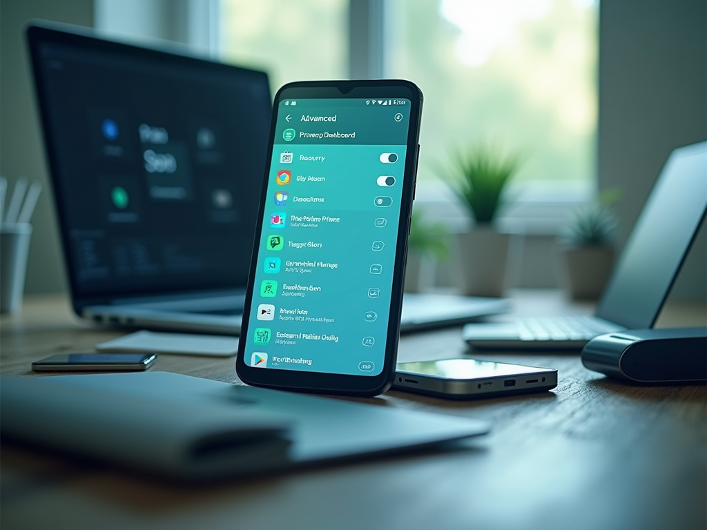 Smartphone displaying an advanced privacy dashboard app, on a desk with laptops in a blurry background.