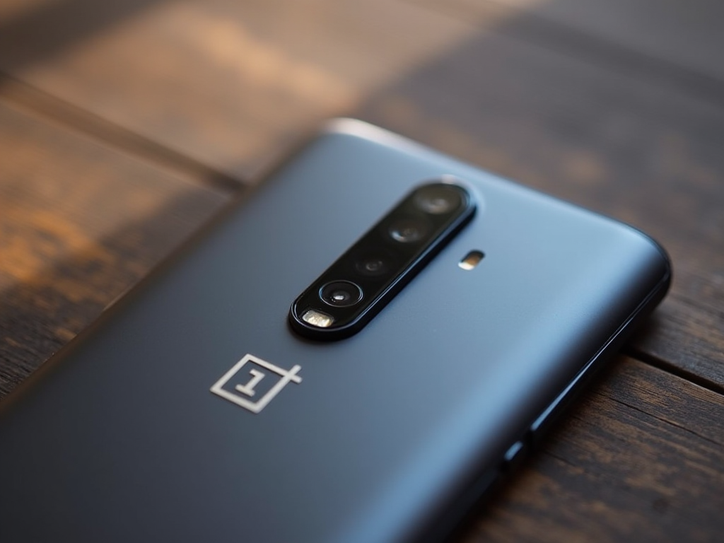 Close-up of a blue OnePlus smartphone with a triple camera setup on a wooden surface.