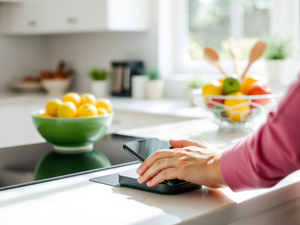 A hand places a smartphone on a wireless charger in a bright kitchen with fruit bowls in the background.