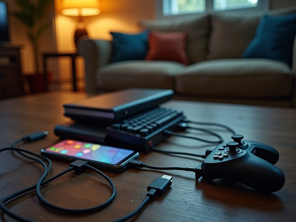 A close-up of electronic devices on a wooden table with a blurred sofa in the background.