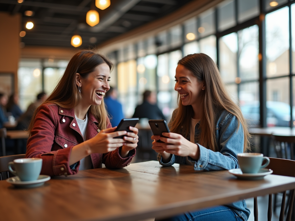 Two women laughing and looking at smartphones at a cafe table.