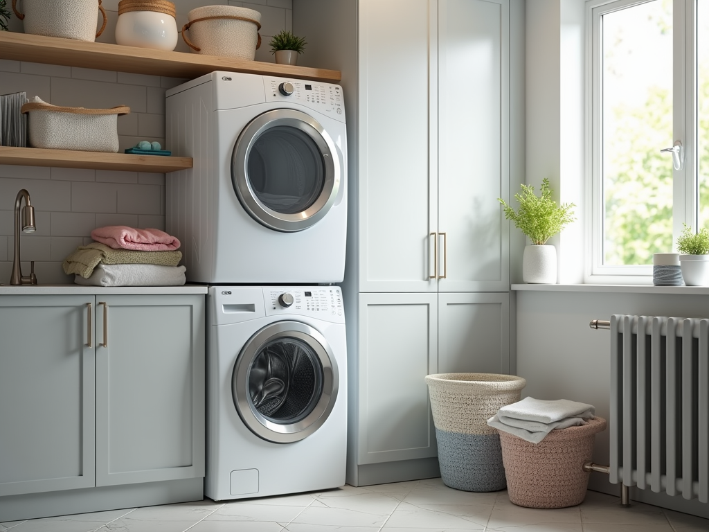 Modern laundry room interior with washer, dryer, and baskets near window.