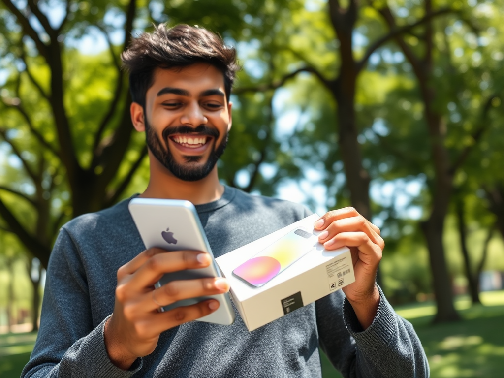 A man smiling stands outdoors, holding a smartphone in one hand and a product box in the other.