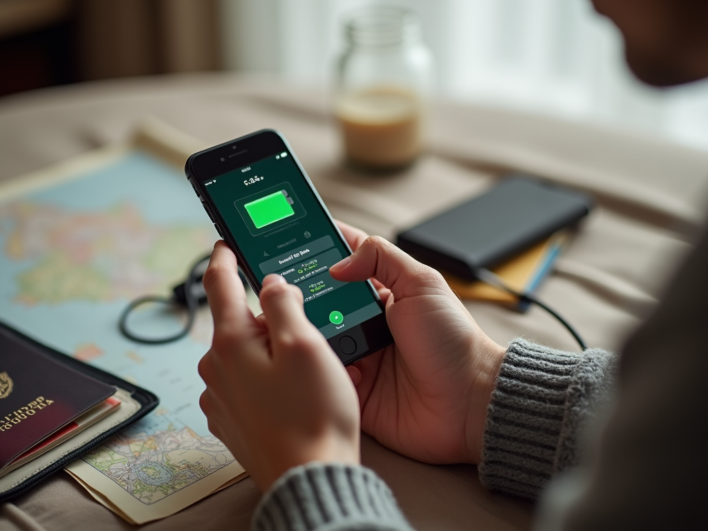 Person checking battery status on a smartphone with travel essentials in the background.