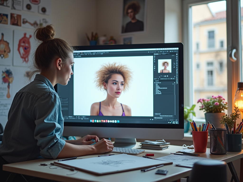 Woman edits a photo on computer in a cozy, creative workspace.