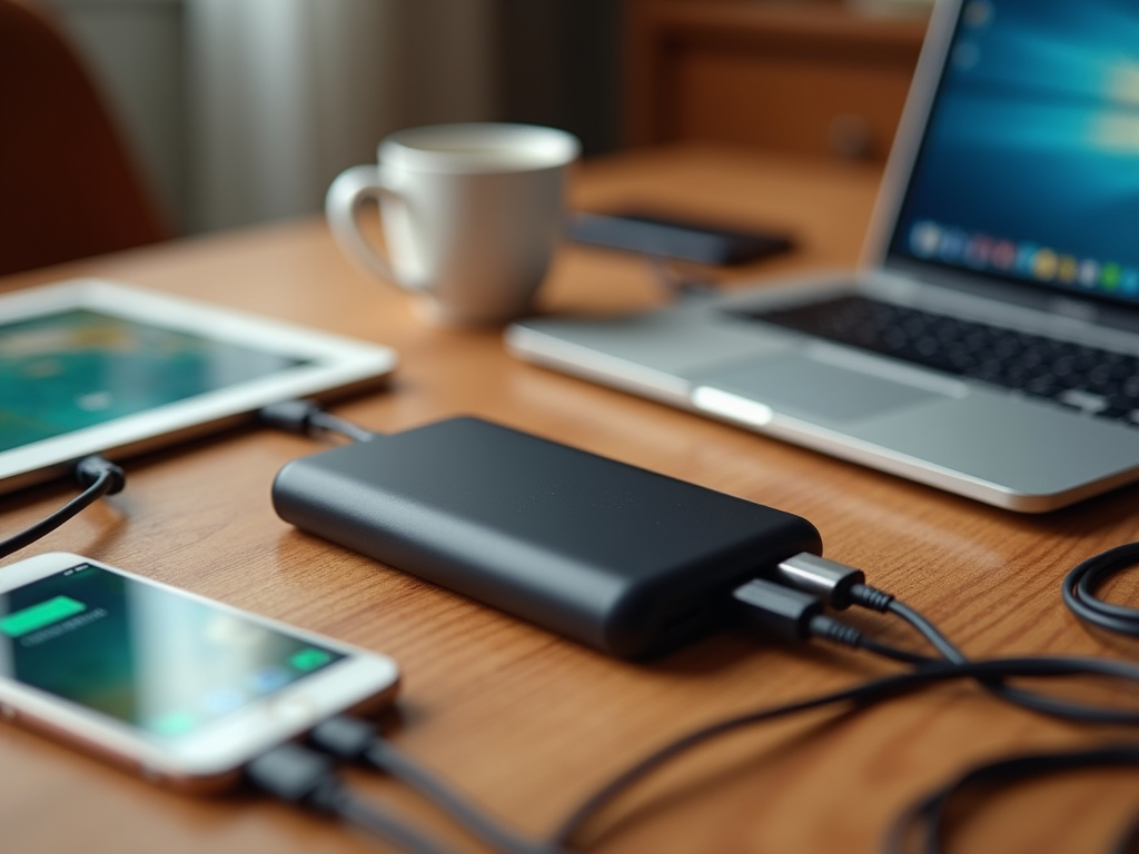 Portable hard drive connected to a laptop, with a smartphone and tablet on a wooden desk, next to a coffee cup.