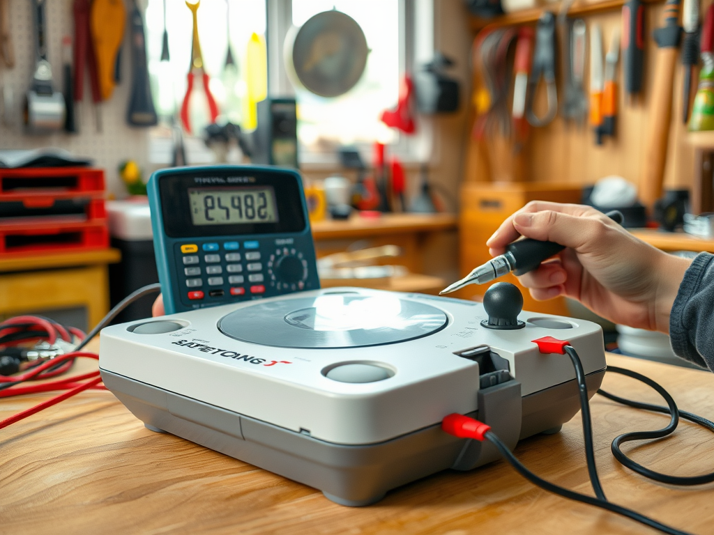 A close-up of an electronic device with a digital display, cables, and a hand holding a tool, set in a workshop.