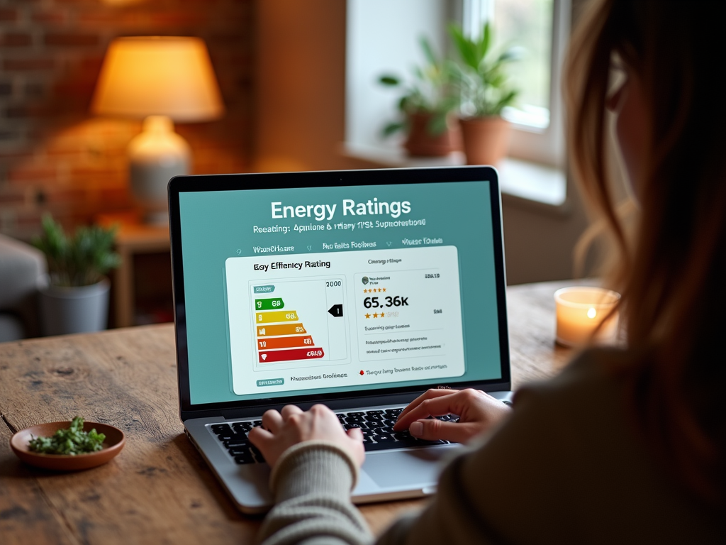 Woman reviews energy ratings on a laptop in a cozy home office.