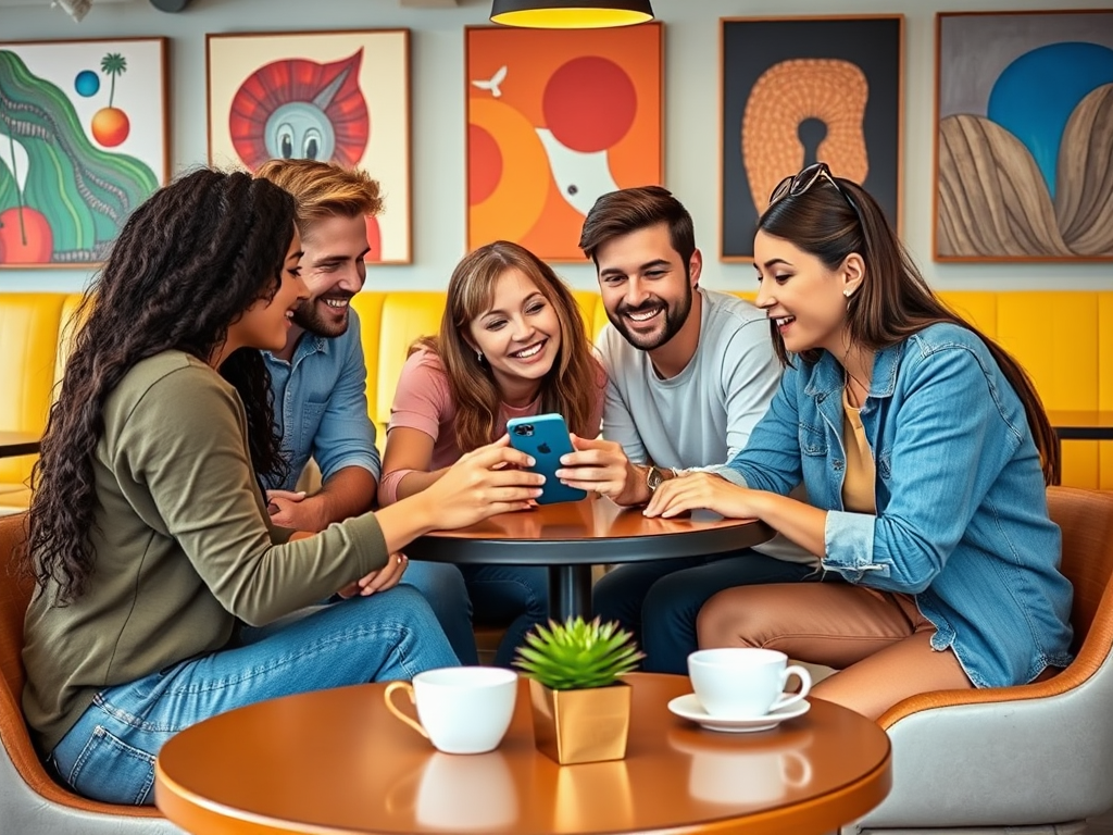 A group of five friends enjoying a moment together, smiling and looking at a smartphone in a cozy café setting.