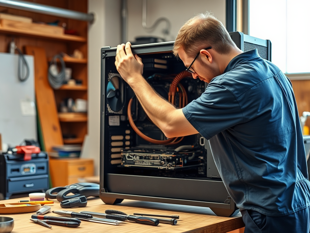 A technician is assembling a computer in a workshop, surrounded by tools and equipment on a wooden table.