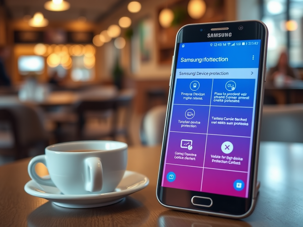 A smartphone on a table next to a white coffee cup, displaying Samsung Device Protection settings.