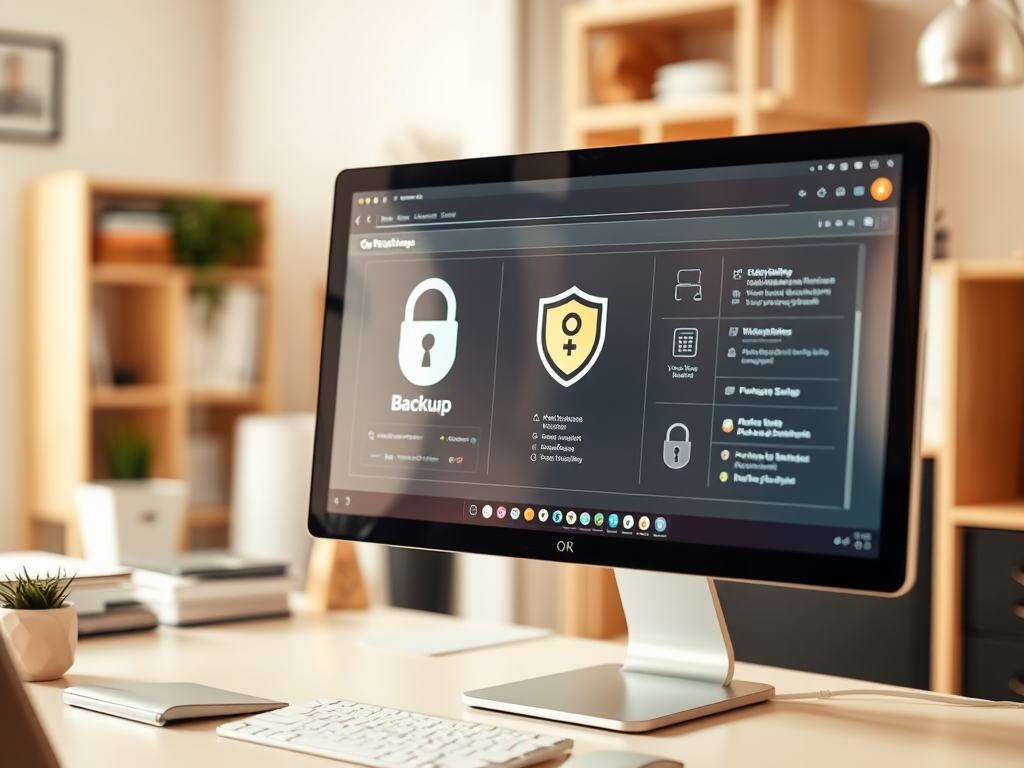 A computer monitor displaying a backup security interface with icons and options for data protection.