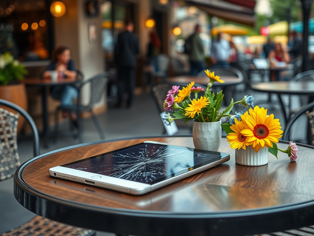 A tablet with a cracked screen rests on a wooden table alongside colorful flower arrangements in vases.