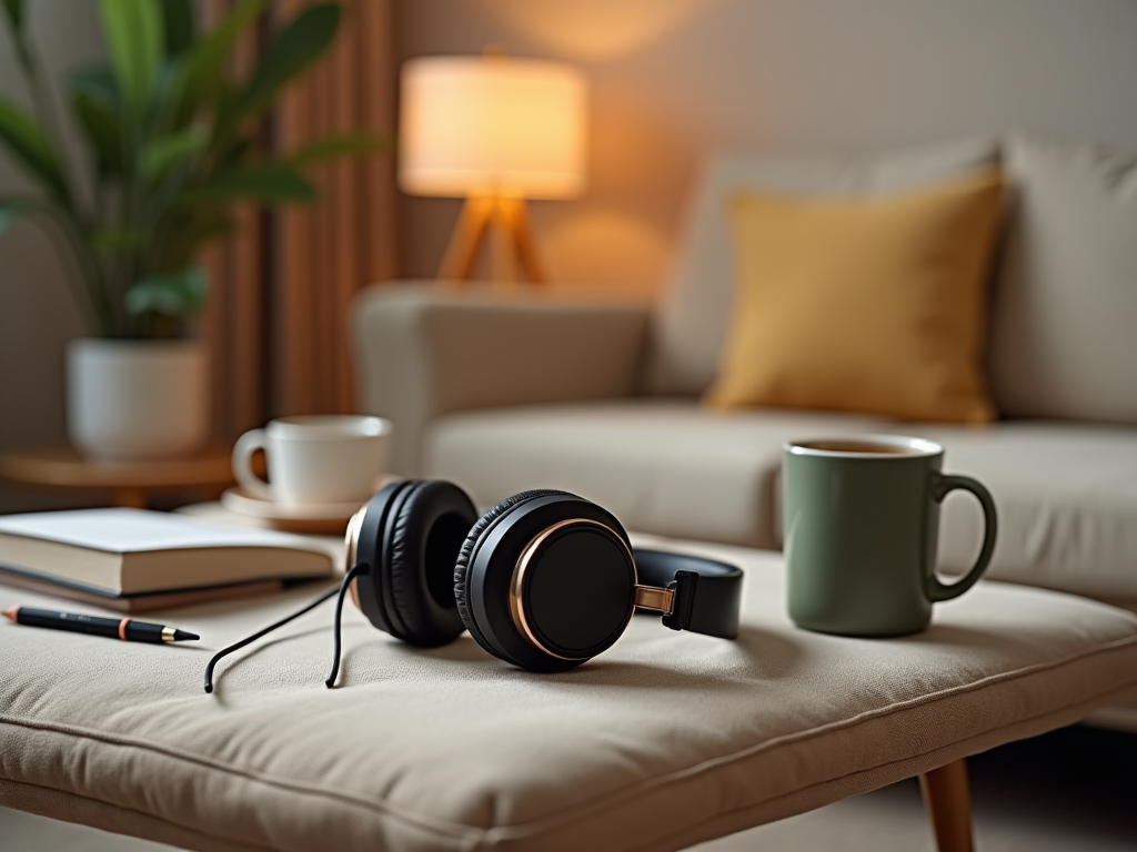 Headphones, coffee mug, and book on a cozy ottoman in a warmly lit room.