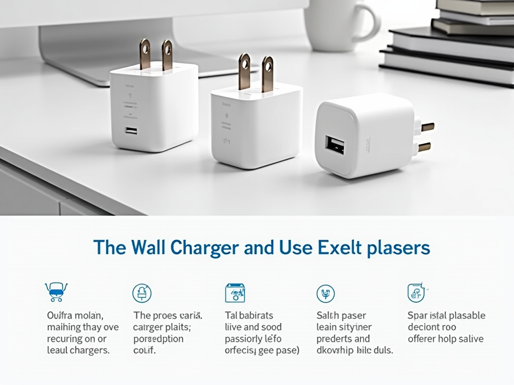 Three styles of USB wall chargers on a white surface, with descriptive icons and text below.