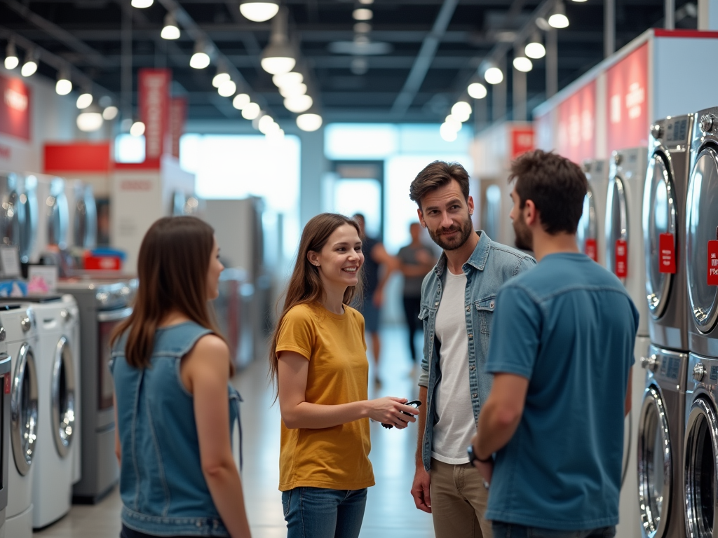 Two couples casually chatting in an appliance store with rows of washing machines in the background.