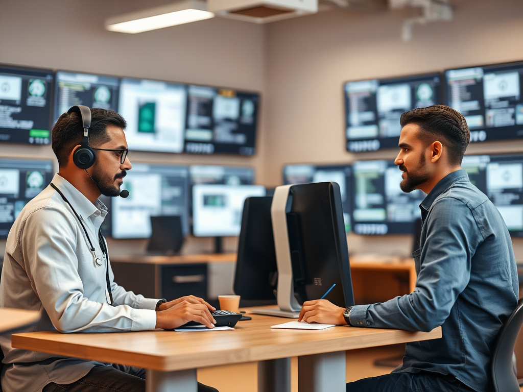 Two men engaged in a discussion at computers in an office with multiple screens displaying information.