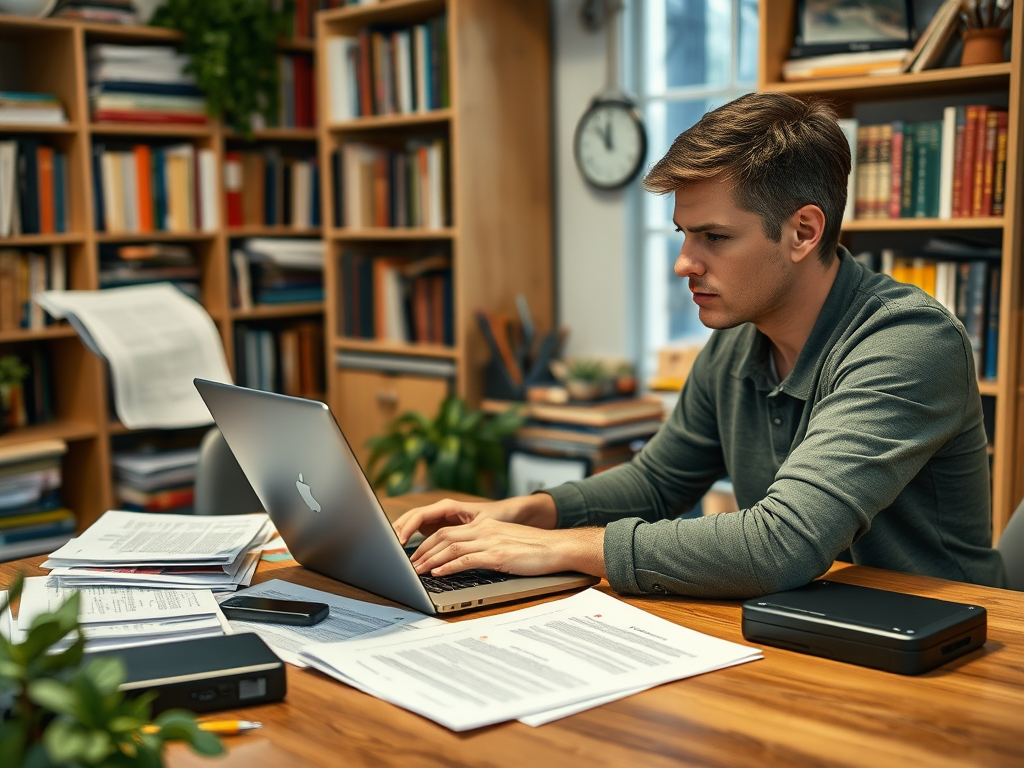 A focused young man types on a laptop at a cluttered desk surrounded by books and papers in a cozy study.