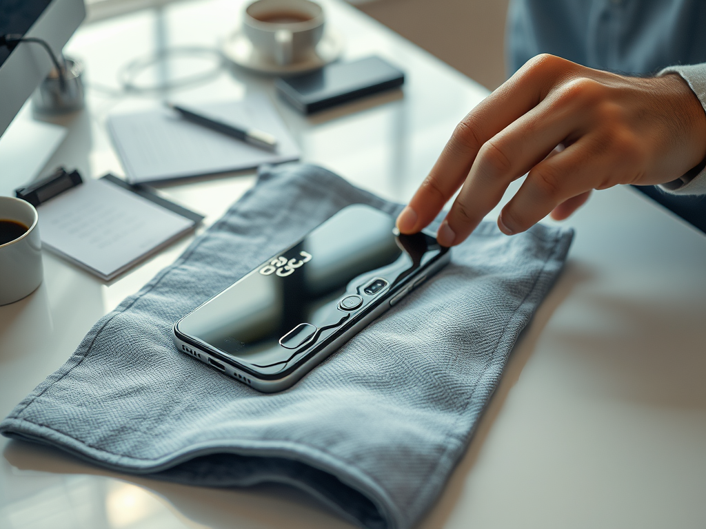 A person’s hand touches a smartphone on a blue cloth, surrounded by a coffee cup and office supplies.