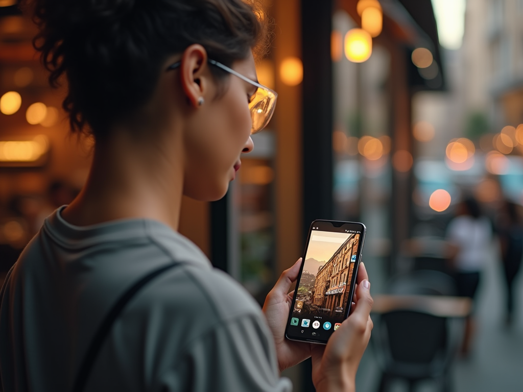 Woman using smartphone to view city image near a café during evening.