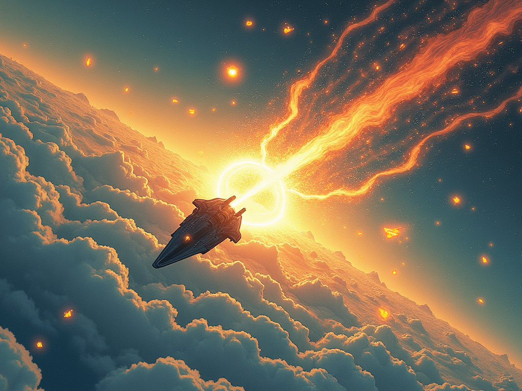 Spaceship with glowing trail navigating through clouds and fiery orbs near a bright ringed sun.