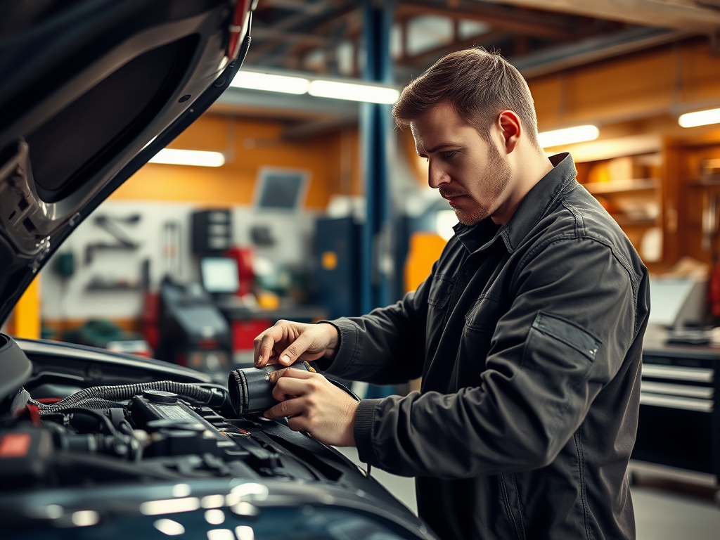 A mechanic inspects a car engine under the hood, focused on fixing a component in a garage workshop.